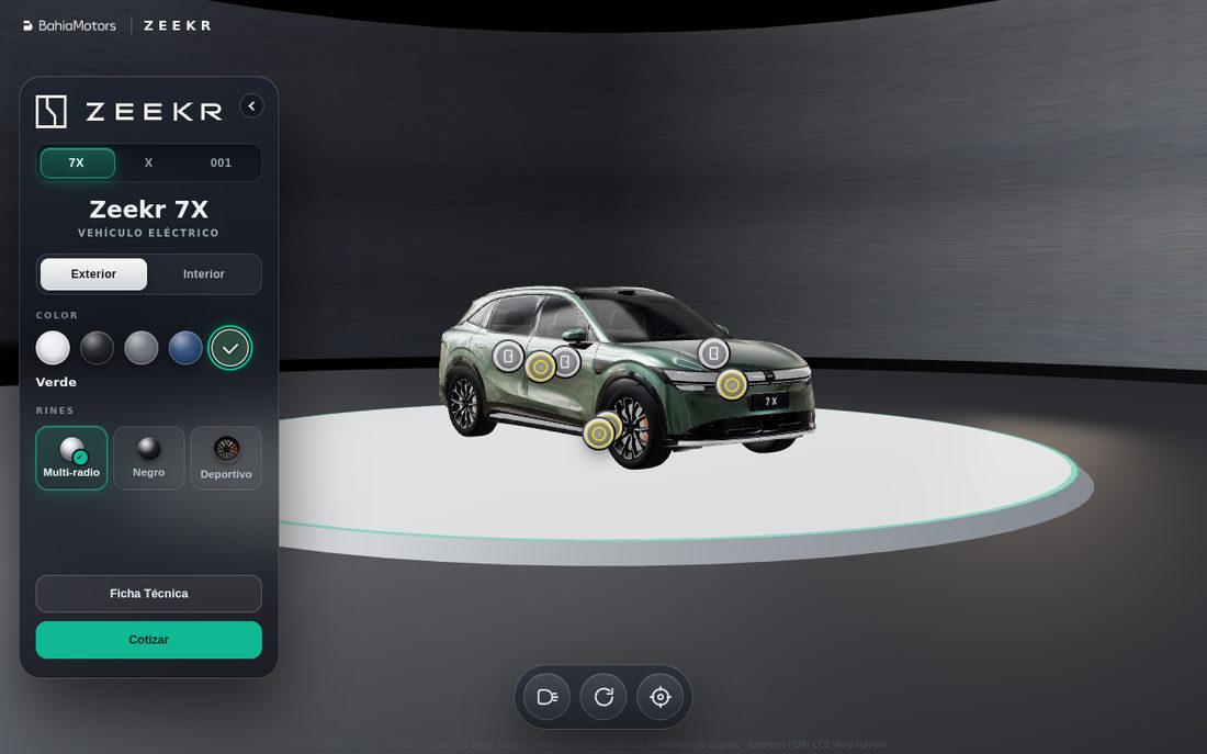Digital Room: Zeekr 7X verde en el showroom 3D